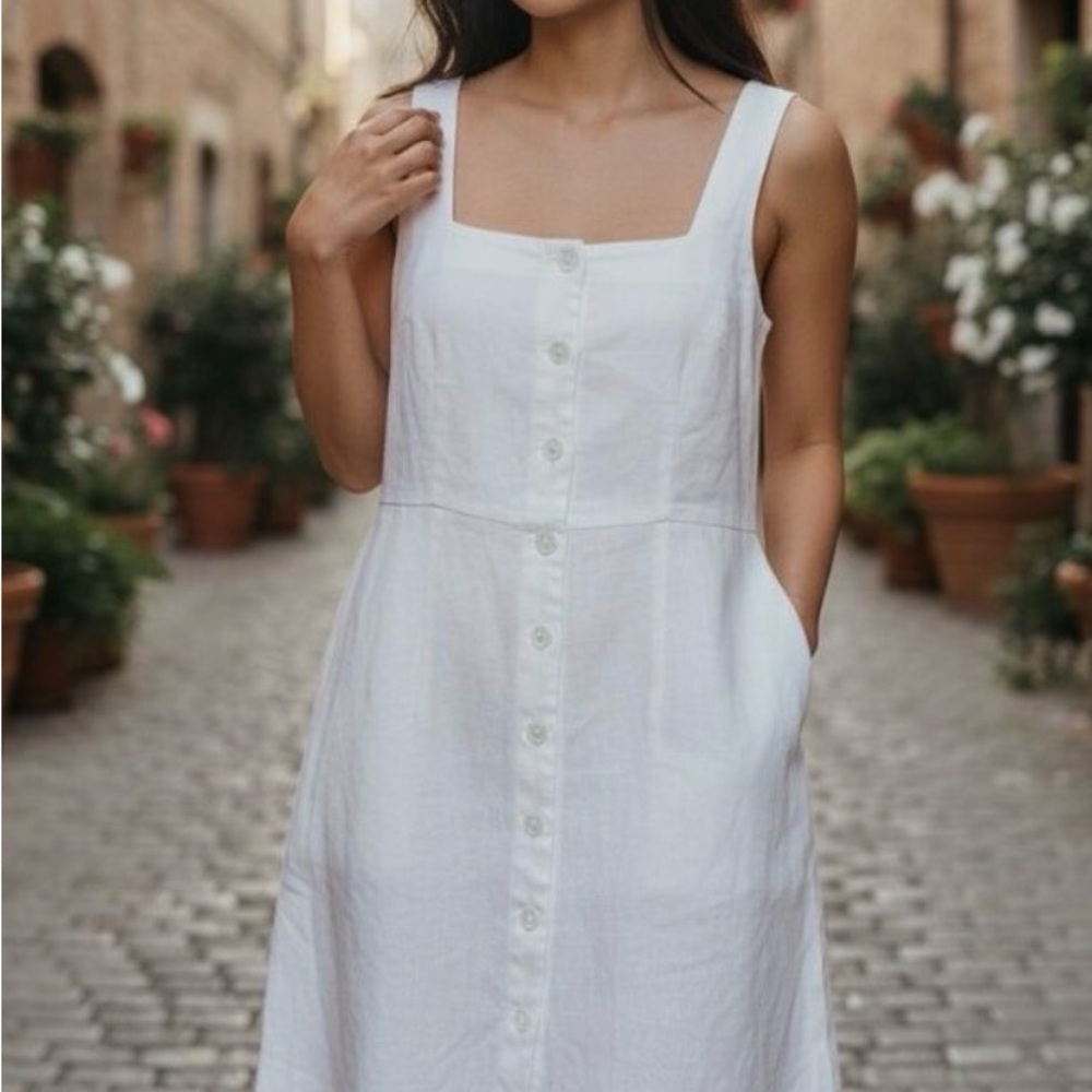 White Cute Button-down Sleeveless Dress Tie back Pockets NWT Summer July 4th